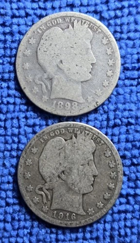 Lot of 2 Barber Quarter Dollars ~ ($0.50 FV) 1898/1916 d  ~ #A