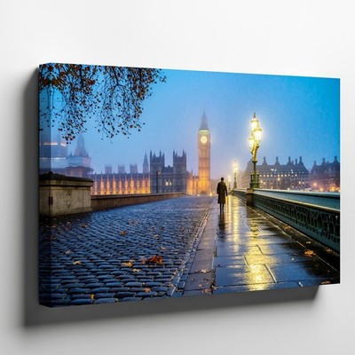 Misty Evening Scene Along The Thames In London, Featuring The Iconic Wall Art