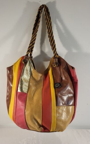 The Sak Patchwork Leather Boho Purse Snap Closure Pockets Large 15" x 15"