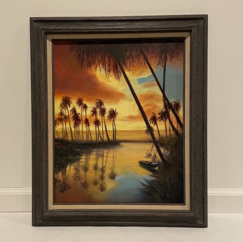 Vintage 70s Oil Painting On Canvas Florida Beach Sunset Signed Framed 21” x 25” - Picture 1 of 5