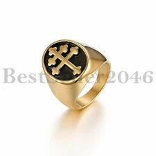 Men Women Polished Cross Signet Ring Stainless Steel Wedding Band Size 8-13