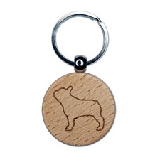 French Bulldog Dog Outline Engraved Wood Round Keychain Tag Charm