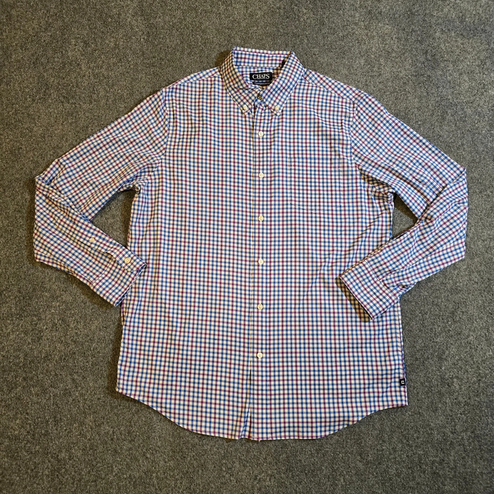 Chaps Shirt Mens Large Blue Purple Plaid Performance Stretch Nylon Career Casual