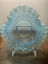 VTG Fenton Blue Opalescent Hobnail Glass Bowl Ruffled Crimped Edge Candy Dish