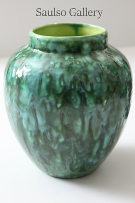 rare Mid century Modern GREEN Lava vase signed G E S  from prominent estate   