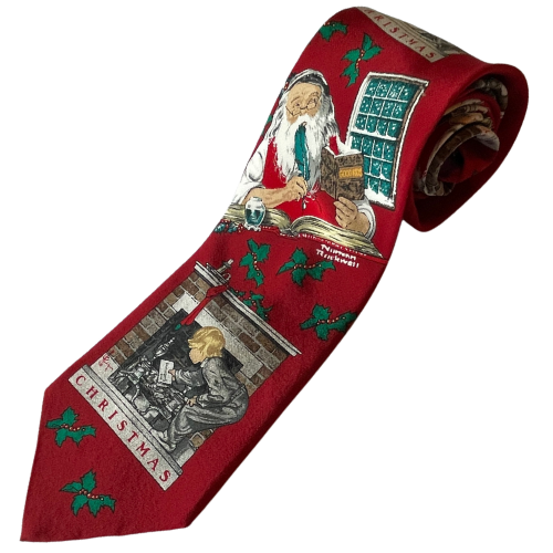 Norman Rockwell Silk Tie Christmas Santa Mistletoe Hearth Holiday Vintage - Picture 1 of 7
