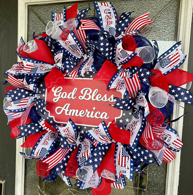 Patriotic USA God Bless America 4th of July Deco Mesh Front Door Wreath Decor