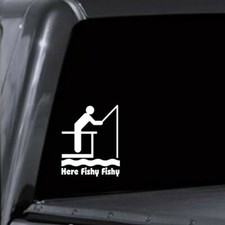 Here Fishy Fishy Funny Fishing Vinyl Decal Sticker - Window Mug Tackle Box USA