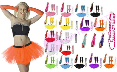 FANCY DRESS HEN PARTY 1980s NEON UV 3 LAYER TUTU FISHNET SKIRT COSTUME SET 8-14
