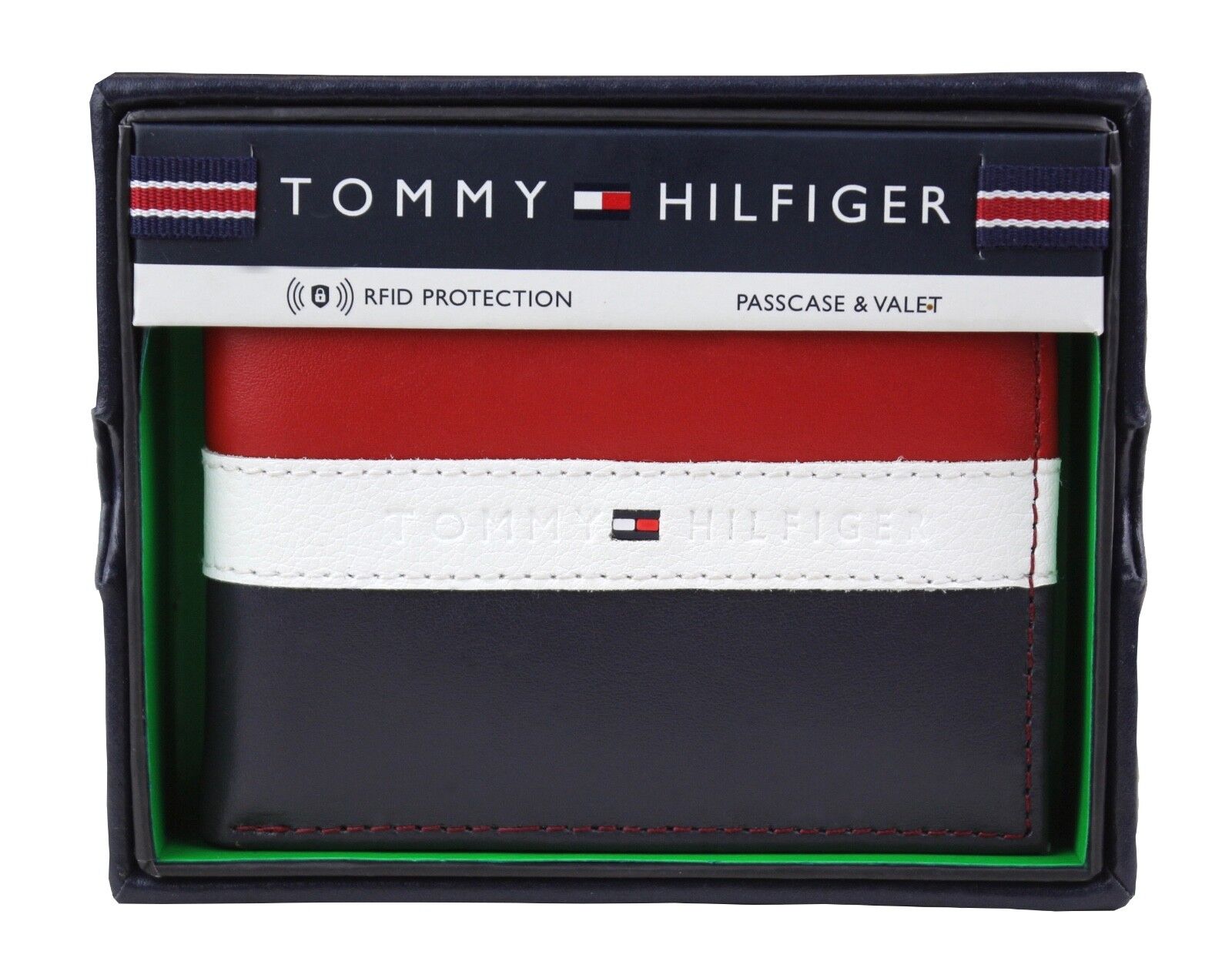 Tommy Hilfiger Men's Leather Wallet Passcase Billfold Rfid Red Navy 31TL220053