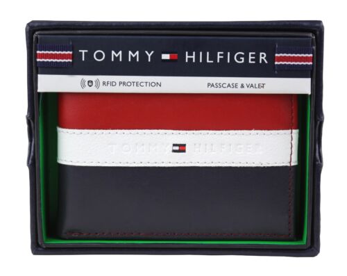 Tommy Hilfiger Men's Leather Wallet Passcase Billfold Rfid Red Navy 31TL220053 - Picture 1 of 10