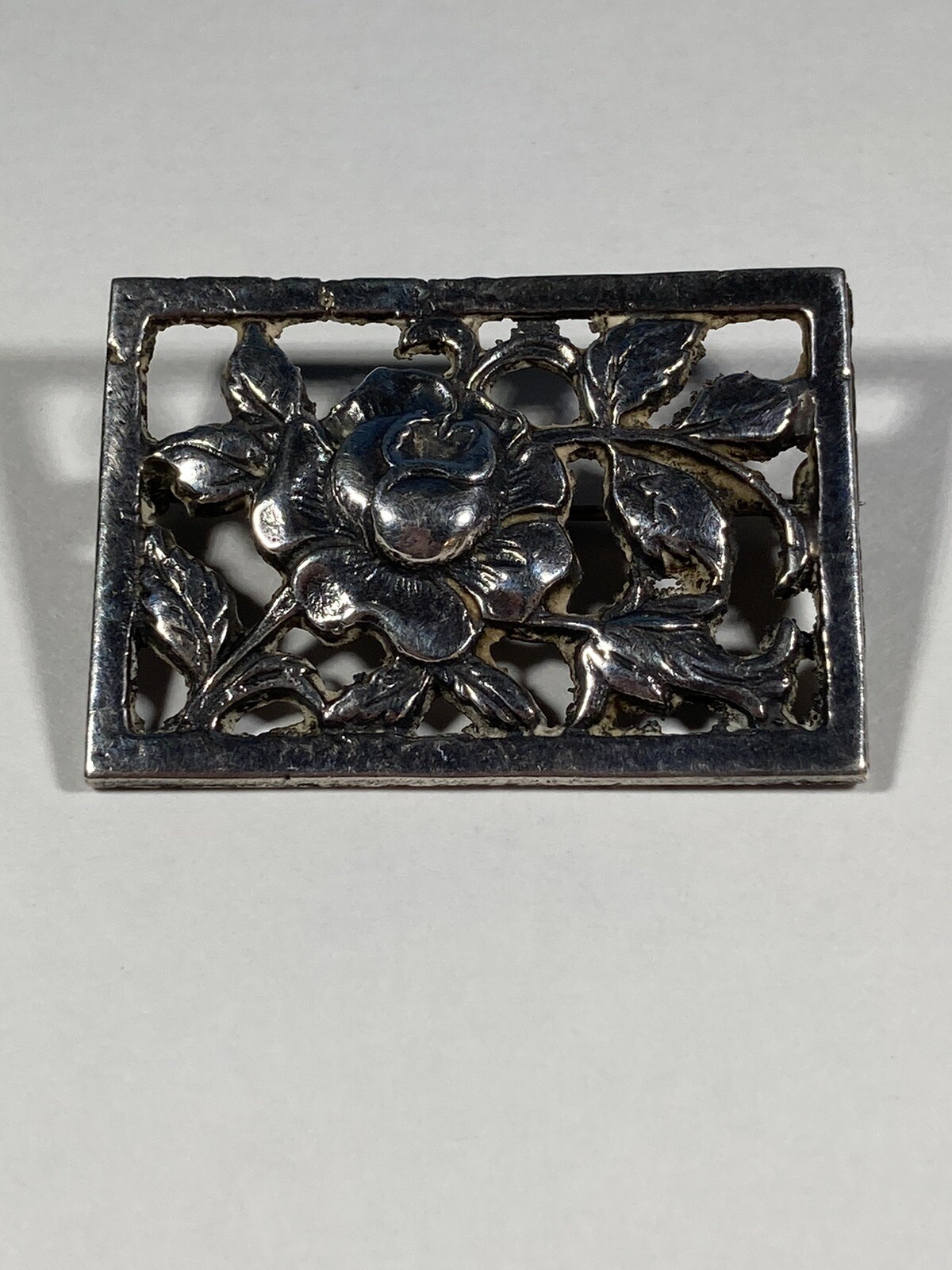 Vintage Sterling Silver Rectangular Framed Rose P… - image 1