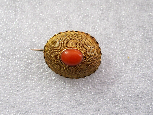 1900'S VICTORIAN 10K YELLOW GOLD & CORAL BROOCH 2.5 gr. SCRAP $120+