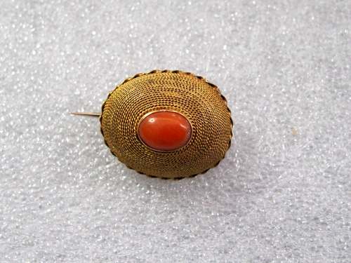 1900'S VICTORIAN 10K YELLOW GOLD & CORAL BROOCH 2.5 gr. NOT SCRAP - Picture 1 of 7