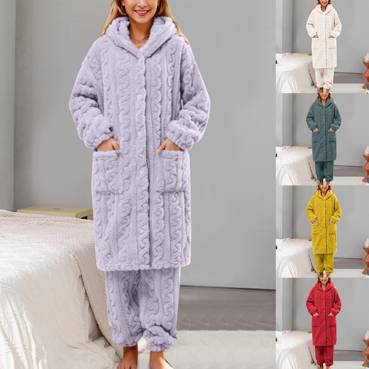 Women Fuzzy Pajama Set Warm Fluffy Long Sleeve Sleepwear Plush
