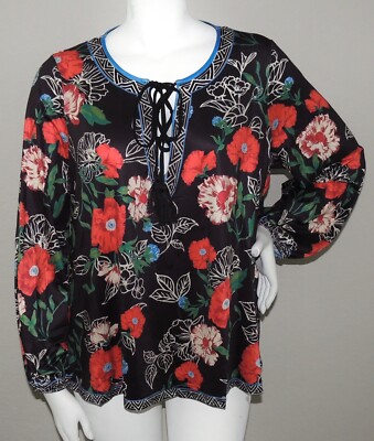 Flying Tomato Floral Border Print Lace Up Tie Front Top Black Plus 1X 2X 3X New!