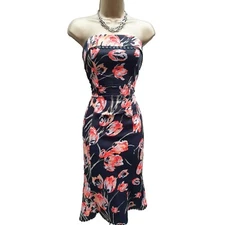 UK 10 KAREN MILLEN Vintage Black Coral Tulip Flower Print  Bandeau Flare Dress