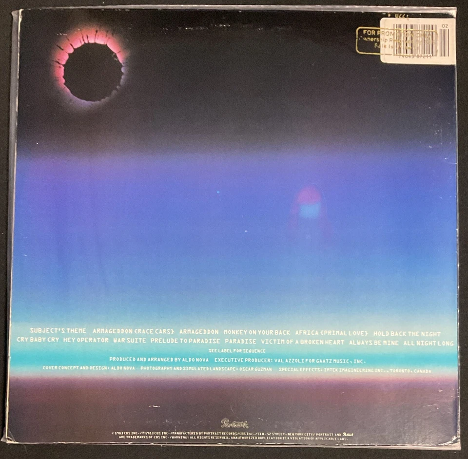 Subject.....Aldo Nova (Vinyl, Album, 1983) Promo Copy - Image 2 of 4