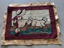 Antique Folk Art Hook Rug Primitive - Girl & Cat - unfinished edge