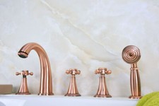 Antique Red Copper 5 Hole Deck Mount Bathroom Roman Tub Faucet W/Hand Shower Set