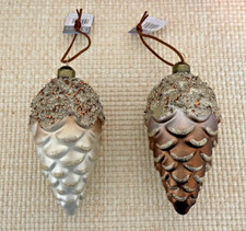2 Large Glass Pinecone Christmas Ornaments, Browns, Ivory, 6 1/2" Tall NWT