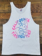 Vintage 90s CALIFORNIA FIREFIGHTERS Neon Graphic White Tank Top Size L USA Made