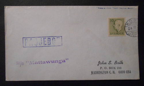 SWEDEN 1951-52 KING GUSTAVO 10 hours on travel envelope x USA "MATTAWUNGA"