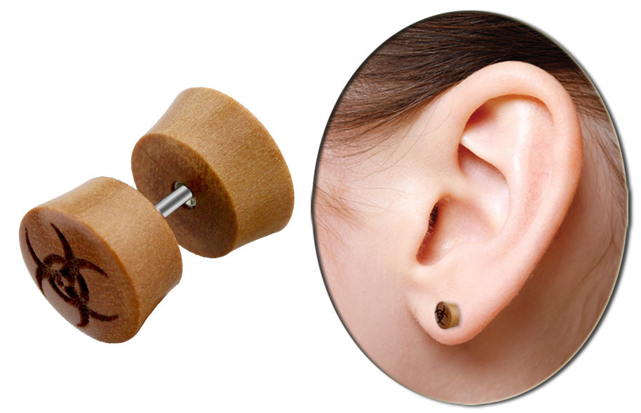 Ear Piercing Jewelry Wood Lobe Stud Fake Plug Biohazard Design, Size 1.2x6mm