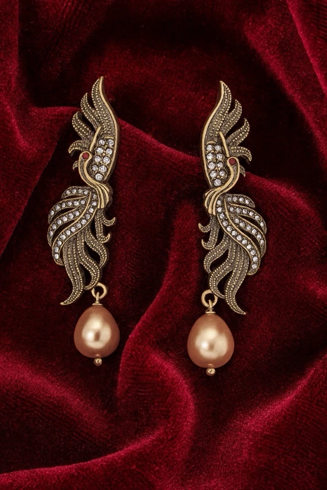 Phoenix Firebird Bird Earrings Art Museum Gold CZ 18k Revival VTG Palace Boho - Image 3 of 4