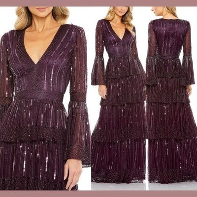 Mac Duggal Women s Bell Sleeve Tiered Embellished Gown Dress Size 2