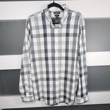 Express Slim Fit Stretch Plaid Dress Shirt Gray White Men's Large 16-16.5