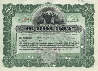 Lake Copper Co. signed by William Albert Paine - 1923 dated Autographed Stock