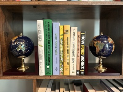 Elegant World Globe Bookends w/ Abalone & Semi-Precious Stone Inlay Brass & Wood