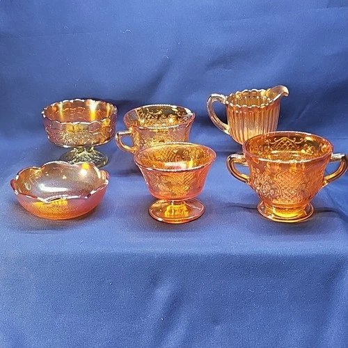 Lot Of 6 Misc Vintage Marigold Carnival Glass Federal Glass Normandie Banquet