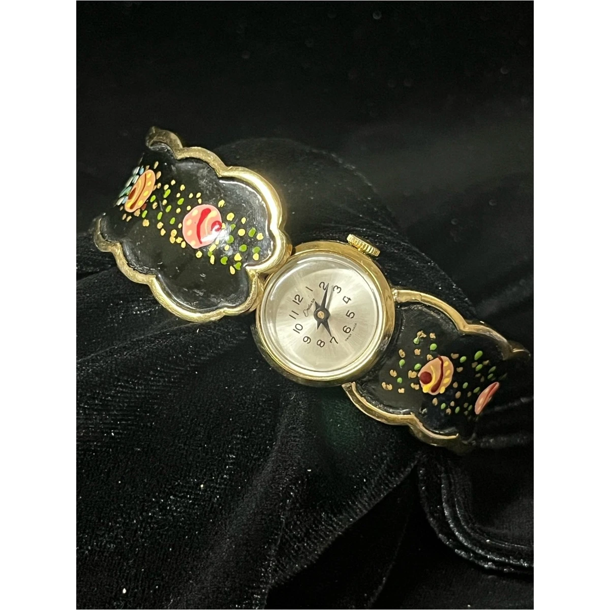 Endura Vintage Gold-Tone Black Floral Enamel Hinged Watch 1738 Endura Women main image 2