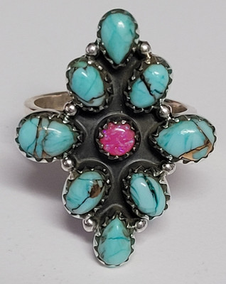 Mint dahlia & pink lab opal adjustable ring -  SS 925-handmade- full silver back