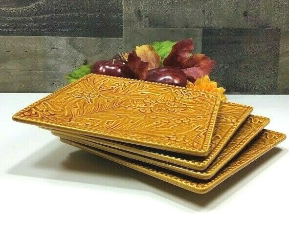 Square Fall Plate Artistic Accents ~ Three (3) Golden Square Embossed Fall Motif Plates 🍂 ...