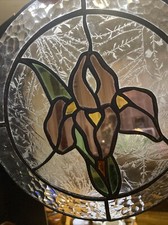 Beautiful Round Stained Glass Sun Catcher Featuring Purple Iris