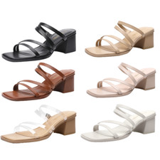 Women Low Chunky Block Heel Open Toe Strappy Slip On Comfort Mule Heel Sandals