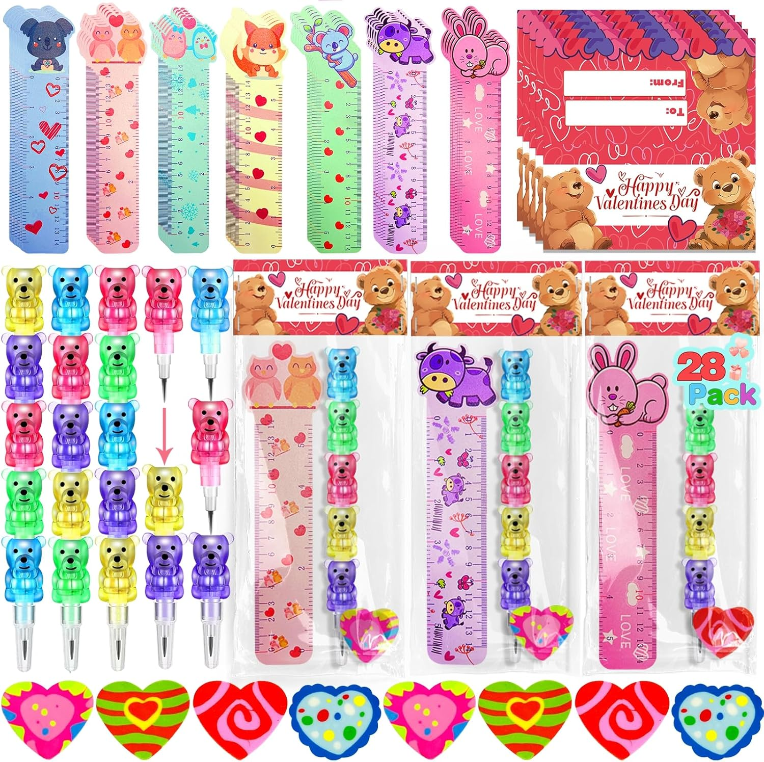 28-Piece Valentines Day Kids Stationery Gift Set with Cards for School Classmates  