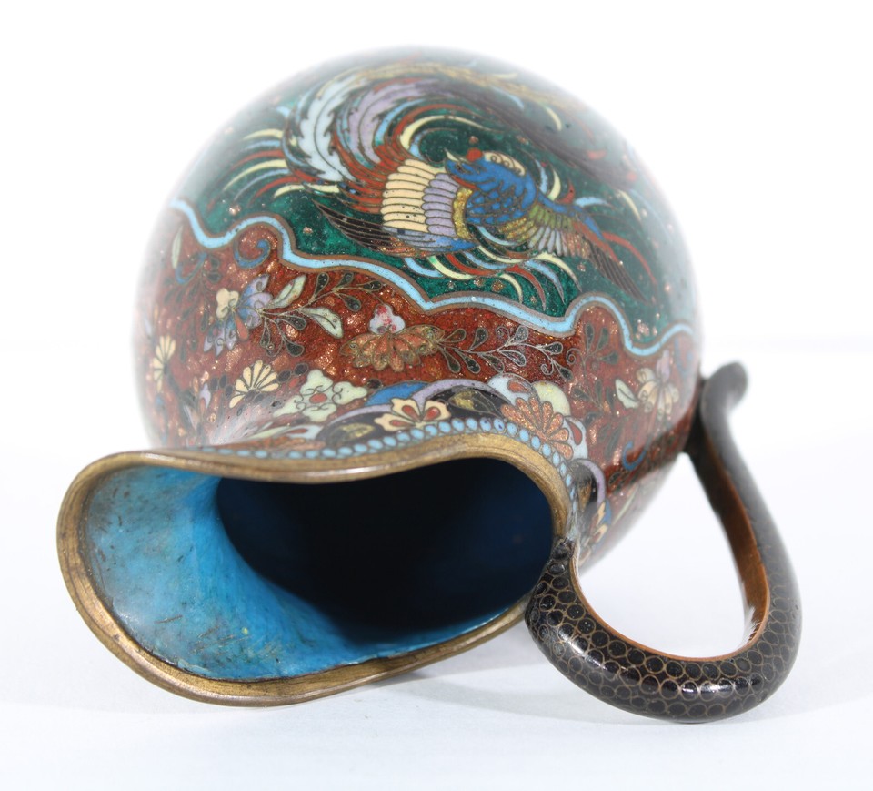 Fine 3.75" Japanese Cloisonne Meiji Tea Creamer Pitcher Flower Hoho