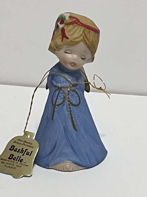 Vintage Jasco Bisque Bashful Belle Angel Christmas Figure Bell NIB 4”