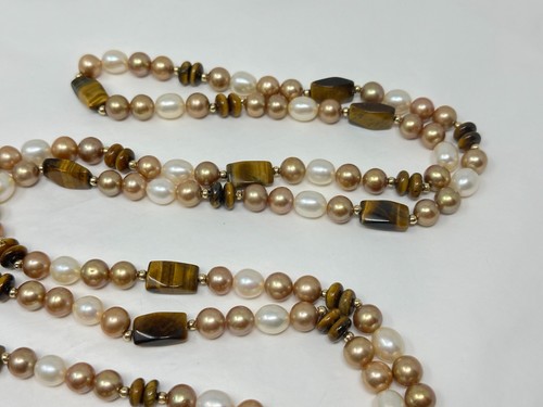 Vintage 14K Yellow Gold White Golden Freshwater Pearl Tiger's Eye 52" Necklace - 第 8/11 張圖片