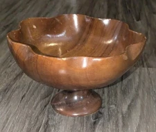 VTG MCM Bowl Hand Carved Wood Pedestal Display Scalloped Centerpiece Philippines