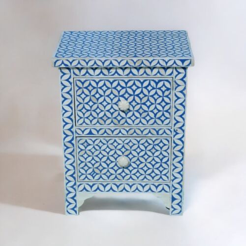 Bone Inlay Bedside Table Nightstand Furniture | Floral Design | Handmade