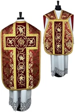 Fiddleback CHASUBLE red Roman,5psc vestment, Stole Chalice Veil,Maniple,Burse