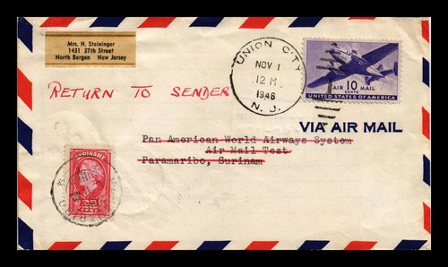 US COVER AIR MAIL TEST UNION CITY NEW JERSEY TO PARAMARIBO SURINAME