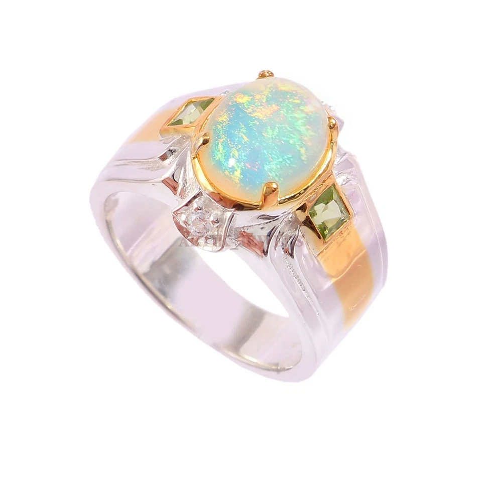 Natural Opal & Peridot with 14K White Gold Plated Silver Ring for Men's # - Image 3 of 4
