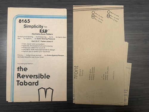 Simplicity Pattern 8165 Tabard Miss Reversible Uncut 8 to 12 Vintage 1977 0112 - Picture 3 of 3