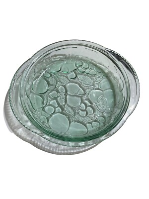 Vintage Libbey 10  Pie Dish ORCHARD FRUIT Green Glass Oven-Proof